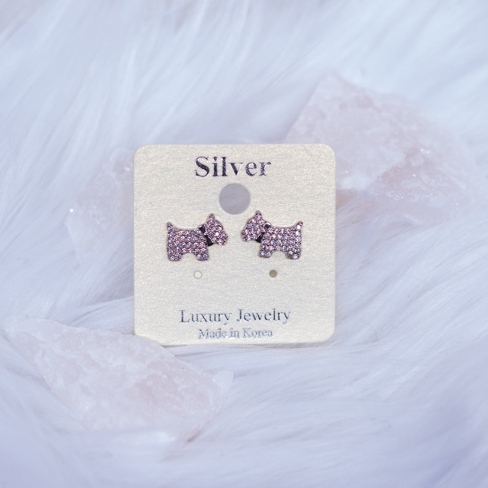 Silver Mini Dog Stud Earrings w Crystal